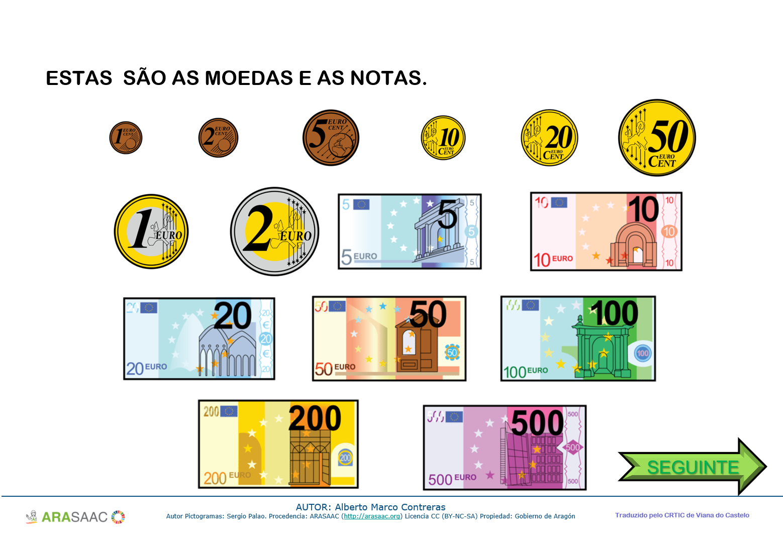 Aprendo e jogo com as moedas de euro